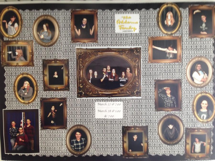 Bulletin board in the cold hallway, featuring cast pictures