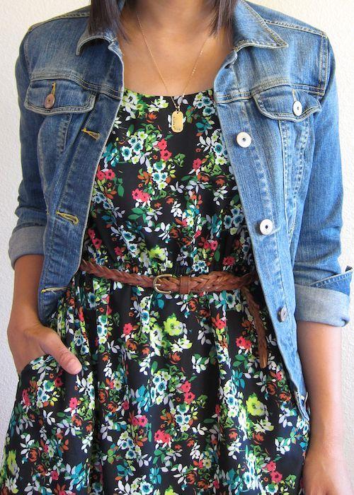 Try pairing two trends together, such as this floral dress worn with a denim jacket!